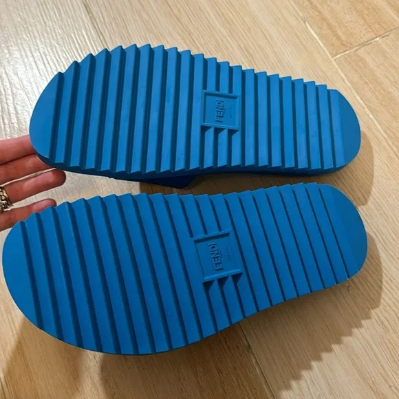 FENDI MEN'S FF RUBBER SLIDE SANDALS CYBER BLUE 7 us 6 uk